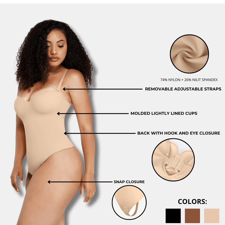 Monica - One - Piece Thong Bodysuit with Underwire, Removable Waist Straps & Abdomen Shaping - Bella Fit USBlackS